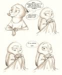 2017 absurd_res anthro bedding blanket canid canine clothed clothing comic crossed_arms dialogue dipstick_ears disney duo ellipsis english_text female fox greyscale hi_res judy_hopps lagomorph leporid male mammal monochrome multicolored_ears nick_wilde rabbit red_fox simple_background speech_bubble sprinkah text true_fox white_background zootopia