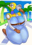 alternate_species big_breasts blue_body blue_sky breast_squish breasts duo female front_view humanoidized kneeling not_furry outside palm_tree plant sky slightly_chubby slightly_chubby_female solo_focus squish text thick_thighs tree miiyauwu mario_bros nintendo super_mario_sunshine f.l.u.d.d. goomba humanoid featureless_(disambiguation) 2022 full-length_portrait hi_res portrait url