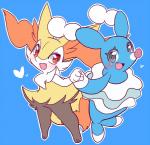 ambiguous_gender anthro blue_background blush duo hand_holding happy heart_symbol looking_at_viewer pseudo_clothing simple_background smile wakasumire nintendo pokemon braixen brionne canid canine generation_6_pokemon generation_7_pokemon mammal marine pinniped pokemon_(species) 2016