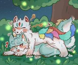ambiguous_gender ambiguous_penetrated ambiguous_penetration bite blue_body blue_fur blush blush_lines bodily_fluids claws cum cum_drip cum_inside cum_on_grass cum_on_ground detailed_background dripping duo feral feral_on_feral feral_penetrated feral_penetrating feral_penetrating_feral fluffy fur genital_fluids inner_ear_fluff male male/ambiguous male_penetrating male_penetrating_ambiguous night obscured_penetration open_mouth penetration penile penile_penetration sex smile star sweat sweatdrop tail tuft white_body white_fur jvcheng_uwu asian_mythology fabulous_beasts mythology maomaolei_(fabulous_beasts) panhu_(fabulous_beasts) canid canine mammal mythological_creature 6:5 digital_media_(artwork) hi_res