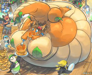 anthro apron belly big_belly big_breasts blue_eyes breasts brown_hair clothing female food group hair horn huge_belly orange_body outside overweight pancake utsuki_maito avian bird penguin scalie 2025