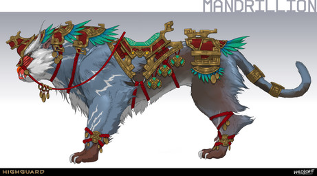 4_toes 5_toes accessory ambiguous_feral ambiguous_gender blue_body blue_fur blue_tail brown_body brown_feet brown_fur claws clothing company_name feet feral fur furgonomics headgear headwear horn jewelry light long_fangs long_tail markings mouth_closed multicolored_body multicolored_fur orange_eyes paws quadruped red_anklet red_clothing red_face red_headwear red_horn reins ring saddle sharp_teeth side_view simple_background solo standing tail tail_accessory tail_jewelry tail_ring teeth text toe_claws toes white_claws white_markings nicholas_patrick_kelana highguard_(game) felid haplorhine mammal mandrillion_(highguard) monkey old_world_monkey primate 2026 absurd_res colored concept_art digital_drawing_(artwork) digital_media_(artwork) english_description english_text hi_res lighting official_art shaded