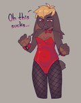 annoyed anthro black_eyebrows blonde_hair bow_tie breasts buckteeth bunny_costume clothing costume dialogue eyebrow_slit eyebrows female fishnet_clothing fishnet_legwear floppy_ears hair legwear leotard lop_ears red_clothing red_eyes short_hair simple_background small_breasts solo teeth text tomboy bag_of_lewds lily_(bag_of_lewds) lagomorph leporid mammal rabbit english_text hi_res