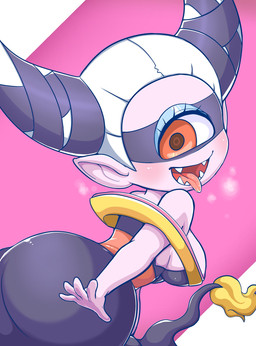 bodily_fluids breasts breath clothed clothing eyelashes eyeshadow female hair looking_at_viewer looking_back makeup not_furry panting purple_body purple_skin red_eyes saliva sharp_teeth simple_background solo teeth tongue tongue_out white_hair oposa asian_mythology east_asian_mythology japanese_mythology level-5 mythology yo-kai_watch insomni cyclops ghost humanoid spirit yokai hi_res