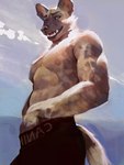 anthro biceps black_clothing black_underwear brown_eyes clothing fur hand_in_underwear looking_at_viewer low-angle_view male muscular muscular_anthro muscular_male nipples pecs shirtless shirtless_anthro shirtless_male solo standing tail teeth underwear mokejumps african_wild_dog canid canine mammal digital_media_(artwork) hi_res