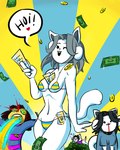 anthro anthrofied bikini blood bodily_fluids camel_toe clothing dialogue female fur grey_hair hair heart_symbol money nosebleed one_eye_closed pattern_clothing simple_eyes striped_clothing stripes swimwear technicolor_yawn text two-piece_swimsuit vomit vomiting white_body white_fur wink thesmileofshadow undertale undertale_(series) temmie_(undertale) human mammal tem 4:5 absurd_res english_text hi_res multiple_images