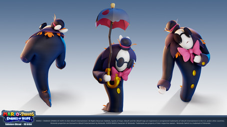 anthro black_clothing black_eyewear black_hat black_headwear black_sunglasses black_trenchcoat bow_tie buckteeth button_(fastener) clothed clothed_anthro clothed_male clothing eyewear frown fur gradient_background hand_pawpads hat headgear headwear holding_object holding_umbrella leaf light long_ears male noseless open_frown open_mouth pawpads red_bow_tie simple_background solo standing sunglasses tan_inner_ear tan_pawpads teeth text text_box three-quarter_view title umbrella white_body white_fur year salvatore_ditrani mario_plus_rabbids_sparks_of_hope nintendo raving_rabbids rayman_(series) ubisoft t.s._woodrow lagomorph mammal rabbid 16:9 2022 3d_(artwork) artist_name colored digital_media_(artwork) english_description english_text hi_res lighting model_sheet official_art shaded widescreen