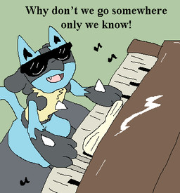 3_fingers ambiguous_gender anthro black_eyewear black_sunglasses blue_body blue_fur cute_fangs eyewear fangs fingers fur grand_piano green_background grey_body grey_fur keyboard_instrument looking_up multicolored_body multicolored_fur musical_instrument musical_note musical_symbol open_mouth open_smile piano playing_music playing_piano simple_background singing sitting smile solo spikes spikes_(anatomy) sunglasses symbol tan_body tan_fur teeth text wearing_sunglasses richard_roe nintendo pokemon generation_4_pokemon lucario pokemon_(species) 2025 english_text low_res