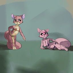 annoyed anthro big_breasts bikini blue_eyes blush breasts clothed clothing duo female flat_chested fur gesture hair hand_gesture lying multicolored_body multicolored_fur on_side orange_eyes outside panties pink_body pink_fur pointing side-tie_bikini standing string_bikini swimwear tan_body tan_fur two-piece_swimsuit two_tone_body two_tone_fur underwear white_body white_fur white_hair erijt animal_crossing nintendo freya_(animal_crossing) whitney_(animal_crossing) arctic_wolf canid canine canis mammal wolf 2015 hi_res