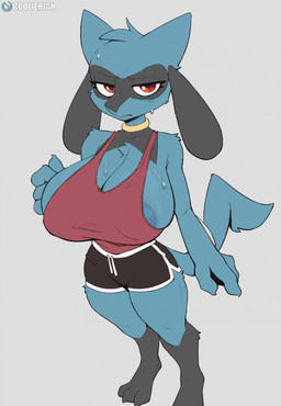 3_toes 4_fingers anthro areola areola_slip big_breasts biped blue_areola blue_body blue_fur blue_tail bodily_fluids breasts claws clothed clothed_anthro clothed_female clothing feet female female_anthro finger_claws fingers front_view fur huge_breasts looking_at_viewer red_eyes simple_background solo sweat sweatdrop sweaty_breasts sweaty_head tail toe_claws toes cooliehigh nintendo pokemon generation_4_pokemon pokemon_(species) riolu 2026 digital_drawing_(artwork) digital_media_(artwork) hi_res
