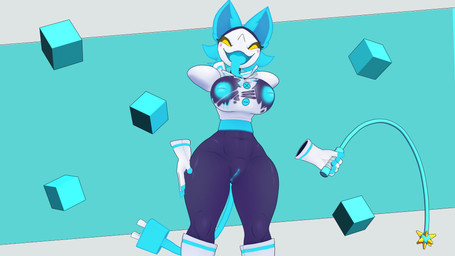 anthro block blue_mouth blue_tongue breasts clothed clothing female genitals machine no_underwear solo thick_thighs tongue torn_clothing vulva whip mspolar cryptiacurves_(modeler) deltarune undertale_(series) tasque_manager humanoid robot robot_anthro robot_humanoid hi_res