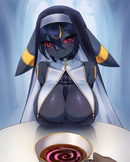 anthro big_breasts biped black_hair breasts clothed clothed_anthro clothed_female clothing female front_view fur grey_body grey_fur hair looking_at_viewer sitting smile solo azuu nintendo pokemon eeveelution generation_2_pokemon pokemon_(species) umbreon 2025 4:5 digital_drawing_(artwork) digital_media_(artwork) hi_res