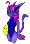 anthro breasts clothed clothing device female fur hair pokemorph purple_body purple_fur purple_hair simple_background solo swimwear tail white_background yellow_eyes ivanks gundam nintendo pokemon haro eeveelution espeon generation_2_pokemon pokemon_(species)