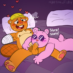 anthro armor balls bed buckteeth disability duo eyewear fellatio fur furniture genitals glasses hard_hat headgear helmet looking_pleasured lying male male/male nude on_back on_bed on_front onomatopoeia oral orange_body orange_fur penile penis pillow pink_body pink_fur pubes sex sound_effects tail teeth text ohmygoditguppy handy_(htf) the_mole_(htf) beaver eulipotyphlan mammal mole_(animal) rodent hi_res