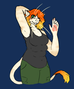 blonde_hair breasts clothing female gesture green_eyes hair multi_breast orange_hair pawpads shirt smile solo striped_body stripes tank_top topwear waving whiskers kawattame voices_of_the_void alien ariral alpha_channel