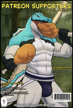 abs anthro black_border border bulge clothed clothing eating fin food male meat mostly_nude mostly_nude_anthro mostly_nude_male muscular muscular_anthro muscular_arms muscular_male muscular_thighs outside partially_clothed patreon_username scales sharp_teeth solo swamp teeth text underwear underwear_only weapon weapon_on_back bear213 dinosaur prehistoric_species reptile saurischian scalie spinosaurid spinosaurus theropod cover english_text half-length_portrait hi_res magazine_cover portrait