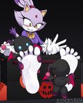 5_toes barefoot feet female foot_fetish fur humanoid_feet plantigrade purple_body purple_fur restraints soles stocks toes kandenrem sega sonic_the_hedgehog_(series) blaze_the_cat chao_(sonic) dark_chao domestic_cat felid feline felis mammal hi_res