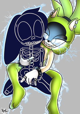 anthro black_body black_fur black_nose blue_eyes bracelet breast_grab breasts clothing crossgender duo ear_piercing electricity electrogenesis eyelashes facial_markings feet female female/female fingering front_view fur gloves gloves_only green_body green_fur grey_background hand_on_breast handwear handwear_only head_markings jewelry markings mostly_nude nude piercing ring sharp_teeth simple_background spiked_bracelet spikes tan_body tan_fur teeth thick_thighs vaginal vaginal_fingering white_clothing white_gloves white_handwear wide_hips xenrevv idw_publishing sega sonic_the_hedgehog_(comics) sonic_the_hedgehog_(idw) sonic_the_hedgehog_(series) kitsunami_the_fennec surge_the_tenrec afrosoricid canid canine fennec_fox fox mammal tenrec true_fox hi_res