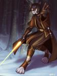 5_fingers anthro armor beads belt black_hair clothing detailed_background digitigrade feet fingers foot_wraps forest fur gloves grey_body grey_fur hair handwear holding_object holding_weapon jedi lightsaber male melee_weapon paws plant robe smile snow solo tree weapon wraps yellow_eyes yellow_lightsaber asarkadraws star_wars fan_character kajex_surnahm canid canine canis kanj'isha mammal wolf 3:4 absurd_res hi_res