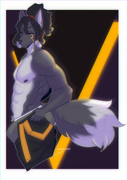 anthro big_bulge big_butt black_sclera bulge butt detailed_bulge dreadlocks facial_markings genital_outline hair half_naked head_markings male markings multicolored_hair penis_outline red_eyes solo two_tone_hair ezukapizumu metaru_alseif_(daiyo) canid canine canis mammal wolf absurd_res half-length_portrait hi_res portrait