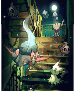 abandoned_building ambiguous_gender eyes_closed fake_eyes feral green_body grey_body group haunted_house moss plant stairs tail translucent_tail vines yellow_body yellow_sclera mmocc123 nintendo pokemon banette dragapult dreepy duskull generation_3_pokemon generation_7_pokemon generation_8_pokemon humanoid mimikyu pokemon_(species) shuppet spirit 2025 hi_res