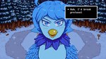 anthro beak blue_body blue_eyes blue_feathers blush blush_lines dialogue evergreen_tree feathers female happy looking_at_viewer parody pine_tree plant sign smile snow snowflake solo style_emulation text text_box tree pixelmateda jujutsu_kaisen nah_i'd_win undertale_(series) undertale_yellow martlet_(undertale_yellow) avian bird 16:9 digital_media_(artwork) english_text hi_res meme pixel_(artwork) widescreen