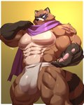 anthro brown_body brown_fur bulge fur looking_at_viewer male muscular muscular_anthro muscular_male solo reclamon epic_games fortnite hajime_(fortnite) canid canine mammal raccoon_dog tanuki 2025 hi_res