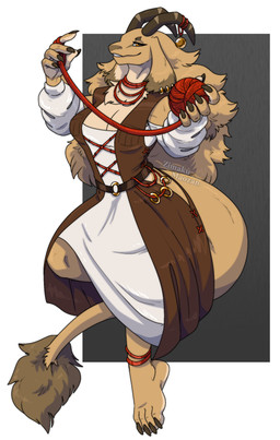 4_toes anthro ball_of_yarn barefoot big_hair clothing dress ear_piercing ear_ring feet female floppy_ears hair horn piercing ring ring_piercing simple_background smile solo tail toes yarn zimakum dungeons_and_dragons hasbro wizards_of_the_coast ida_(ceehaz) bovid caprine goat mammal absurd_res hi_res