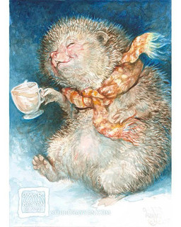 ambiguous_gender brown_body brown_fur container cup eggnog eyes_closed fur holding_container holding_cup holding_object mostly_nude orange_scarf scarf scarf_only smile snow solo omar_rayyan eulipotyphlan hedgehog mammal 2021 4:5 traditional_media_(artwork)