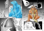 anthro blue_body bodily_fluids cave cum duo erection eyewear genital_fluids genitals goggles male male/male orange_body penis scared slime sweat translucent lizardman_(artist) final_fantasy square_enix bangaa flan_(final_fantasy) goo_creature monster comic