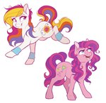 clothing cutie_mark duo dvixie earth_pony equid equine female feral fur hair hasbro hooves horse leg_warmers legwear mammal mlp_g3 my_little_pony my_little_pony_(2003) my_little_pony_(g3) open_mouth open_smile pony pre-g4 simple_background sky_wishes smile sunny_daze_(pre-g4) unavailable_at_source unguligrade white_background