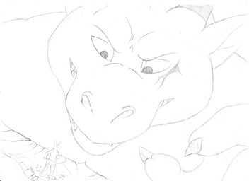 anthro claws clothed clothing duo facial_markings fangs finger_claws front_view grin head_markings horn macro male male_anthro markings narrowed_eyes rear_view size_difference smile teeth topless solaxe_(artist) mythology solaxe dragon kangaroo macropod mammal marsupial mythological_creature mythological_scalie scalie monochrome sketch