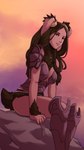 anthro armor bottomless brown_body brown_eyes brown_fur brown_hair brown_skin clothed clothing evening facial_markings female fur hair head_markings long_ears looking_down markings on_rock rock sitting sitting_on_rock smile solo twilight plagueofgripes fire_emblem fire_emblem_awakening nintendo panne humanoid lagomorph leporid mammal rabbit taguel 9:16 absurd_res digital_drawing_(artwork) digital_media_(artwork) hi_res warm_colors