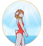 blonde_hair blue_eyes braided_hair clothing cloud female hair horn light light_beam looking_at_viewer one-piece_swimsuit seaside shy slim small_tail solo sparkles sunbeam sunlight swimwear tail water morgdl diana_goat bovid caprine goat mammal hi_res