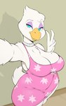 anthro beak big_breasts blue_eyes breasts cleavage clothed clothed_anthro clothed_female clothing dress dress_only eyeshadow feathers female gesture hand_gesture looking_at_viewer makeup non-mammal_breasts pattern_clothing selfie solo v_sign white_body white_feathers usnarbit avian bird 2023 hi_res