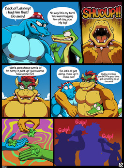 5_fingers angry anthro areola argument belly beverage biceps bottle clothed clothing container dialogue drinking eyes_closed fingers group hair headgear holding_bottle holding_container holding_object horn jacket kerchief male male/male musclegut muscular muscular_anthro muscular_male nipples open_clothing open_jacket open_mouth open_topwear outside pecs shell silhouette speech_bubble standing tail teeth text topwear trio yelling elfein diddy_kong_racing donkey_kong_(series) mario_bros nintendo bowser krunch_the_kremling kruncha wario alligator alligatorid crocodile crocodilian koopa kremling kritter_(kremling) reptile scalie 2026 comic digital_media_(artwork) english_text hi_res