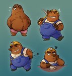 anthro armor belly beverage bodily_fluids boxers_(clothing) brown_body brown_fur clothed clothing coffee fur headgear helmet male overweight overweight_male slightly_chubby solo suspenders sweat sweatdrop underwear marimosgoldfish animal_crossing nintendo mr._resetti eulipotyphlan mammal mole_(animal) hi_res