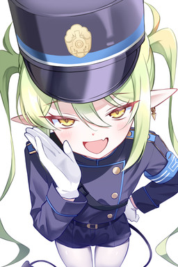 belt blue_bottomwear blue_clothing blue_hat blue_headwear blue_shirt blue_shorts blue_topwear blush bottomwear clothing cute_fangs ear_piercing ear_ring fangs female glistening glistening_clothing glistening_hat glistening_headgear glistening_headwear gloves green_hair hair half-closed_eyes hand_on_hip hand_on_own_hip handwear hat headgear headwear legwear long_hair looking_at_viewer looking_up looking_up_at_viewer narrowed_eyes open_mouth pantyhose piercing pointy_ears prick_ears ring_piercing shirt shorts simple_background solo tail teeth topwear white_background white_clothing white_gloves white_handwear white_legwear white_pantyhose yellow_eyes young young_female young_humanoid fubuki_(artist) blue_archive nexon nozomi_(blue_archive) demon demon_humanoid humanoid 2:3 hi_res