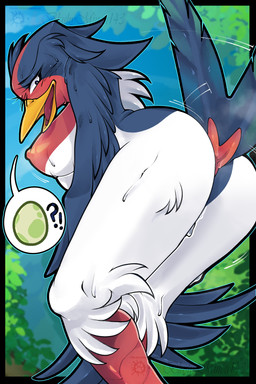 anthro anus blue_body blue_feathers bodily_fluids breasts butt egg evolution exposed feathers feet female flustered impregnation_request nipples outside pokemon_egg presenting requesting sex_request shy solo steam sweat talons toes blushyminou143 nintendo pokemon flap avian bird generation_3_pokemon pokemon_(species) swellow 2025 2:3 absurd_res hi_res portrait three-quarter_portrait
