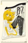 anthro bag clothing container cybernetic_limb domestic_cat felid feline felis female frown in_bag in_container lemon_(page) mammal page_(artist) panties plastic_bag shirt simple_background solo topwear underwear