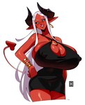 big_breasts breasts cleavage clothed clothing dress ear_piercing ear_ring female hair huge_breasts mature_female nipple_outline not_furry piercing red_body ring_piercing simple_background solo white_background white_hair thehelmetguy lyla_(thehelmetguy) demon demon_humanoid humanoid 2023 absurd_res hi_res