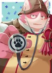 anthro belly big_belly clothing hat headgear headwear humanoid_hands kemono medical_instrument overweight pink_body pink_nose scientific_instrument simple_background solo amidasuke tamacolle bungo_(tamacolle) domestic_cat felid feline felis mammal 2023 hi_res