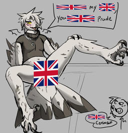 anthro beak blush chain claws feet flag hair hair_over_eye horn humor male membrane_(anatomy) membranous_wings navel politics simple_background solo speech_bubble spots sweatshirt talons toes union_jack united_kingdom white_body wings yellow_eyes nikita_(artist) united_kingdom_online_safety_act_2023 avian bird owl censored hi_res sketch