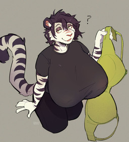 anthro big_breasts black_clothing black_shirt black_topwear bra breasts claws clothed clothing female fur green_bra green_clothing green_underwear high-angle_view holding_bra holding_clothing holding_object holding_underwear huge_bra huge_breasts hyper hyper_breasts nipple_outline no_bra question_mark shirt solo striped_body striped_fur stripes tight_clothing topwear underwear strayserval yiri_(milkand) felid mammal pantherine tiger 2025 hi_res