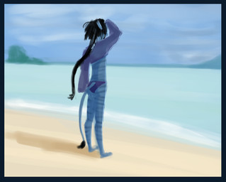 beach black_hair blue_body blue_border blue_skin border braided_hair braided_ponytail clothing female glow_freckles hair markings pandora_(planet) ponytail solo striped_markings stripes swimwear tail young isw james_cameron's_avatar tuktirey_(james_cameron's_avatar) alien humanoid na'vi