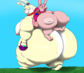 anthro basket big_breasts big_butt bow_ribbon breasts butt container duo easter_basket female fur gesture hand_gesture holidays huge_breasts huge_butt hyper hyper_breasts hyper_butt makeup morbidly_obese nipples nude obese overweight overweight_female pink_body pink_fur ribbon_only riding_on_back short_stack v_sign yellow_body yellow_fur alythewolfcat easter lagomorph leporid mammal rabbit hi_res sibling_(lore) sister_(lore) sisters_(lore)