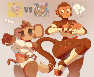 ankle_wraps anthro arm_wraps big_breasts breasts brown_body brown_fur cheek_tuft chest_tuft chest_wraps clothing duo ear_piercing ear_tuft ellipsis empty_eyes eyebrows eyelashes facial_tuft feet feet_wraps female fur gradient_background looking_at_another markings monkey_fist_(talons_tw) piercing question_mark raised_eyebrow raised_leg simple_background spiral spiral_eyes stretching tail thick_thighs tuft underwear wide_hips wraps talons_tw bloons_tower_defense ninja_kiwi sega super_monkey_ball aiai haplorhine mammal monkey primate hi_res