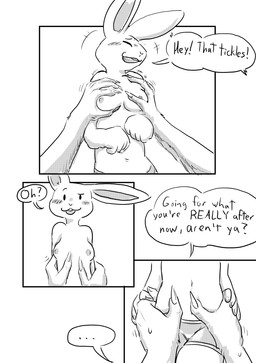 anthro blush bodily_fluids breast_grab breasts buckteeth clothing dialogue duo female grope hand_on_breast hand_on_hip laugh male navel nipples sweat teeth text tickling underwear dragonweirdo beastars haru_(beastars) legoshi_(beastars) canid canine canis lagomorph leporid mammal rabbit wolf absurd_res comic english_text hi_res monochrome
