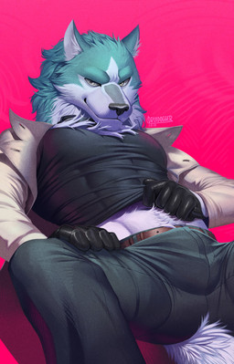 anthro belt belt_buckle black_clothing black_topwear blue_body blue_fur bottomwear buckle bulge clothing coat collar fur gloves handwear looking_at_viewer male midriff multicolored_body multicolored_fur muscular muscular_anthro muscular_male navel pants pecs presenting presenting_navel simple_background smile solo tight_clothing topwear trenchcoat two_tone_body two_tone_fur white_body white_fur druidogger huslion brand_new_animal netflix studio_trigger shirou_ogami canid canine canis mammal wolf 2025 hi_res watermark