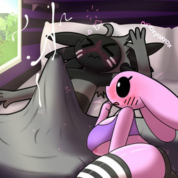 4_fingers >m< ahoge anthro areola areola_slip bed bedding big_breasts biped black_body black_sclera blanket blush blush_lines blushing_profusely bodily_fluids breasts clothed clothing cum cumshot duo ejaculation erection eyelashes eyes_closed female fingers front_view furniture genital_fluids grey_hair hair heart_symbol inside legwear lying male markings monotone_body morning_wood on_back on_bed on_side open_mouth pillow pink_body sleeping striped_markings stripes text topwear under_boob white_eyes window oxyoxyoxyox licorice_(oxyoxyoxyox) marshmallow_(oxyoxyoxyox) amphibian aquatic axolotl lagomorph leporid mammal mole_salamander rabbit salamander 1:1 2023 artist_name digital_drawing_(artwork) digital_media_(artwork) hi_res